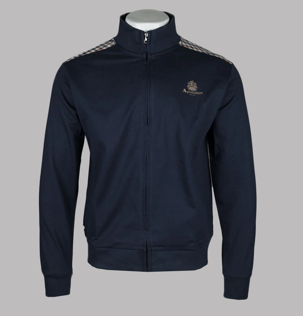 Aquascutum Full Zip Club Check Details Sweatshirt Navy