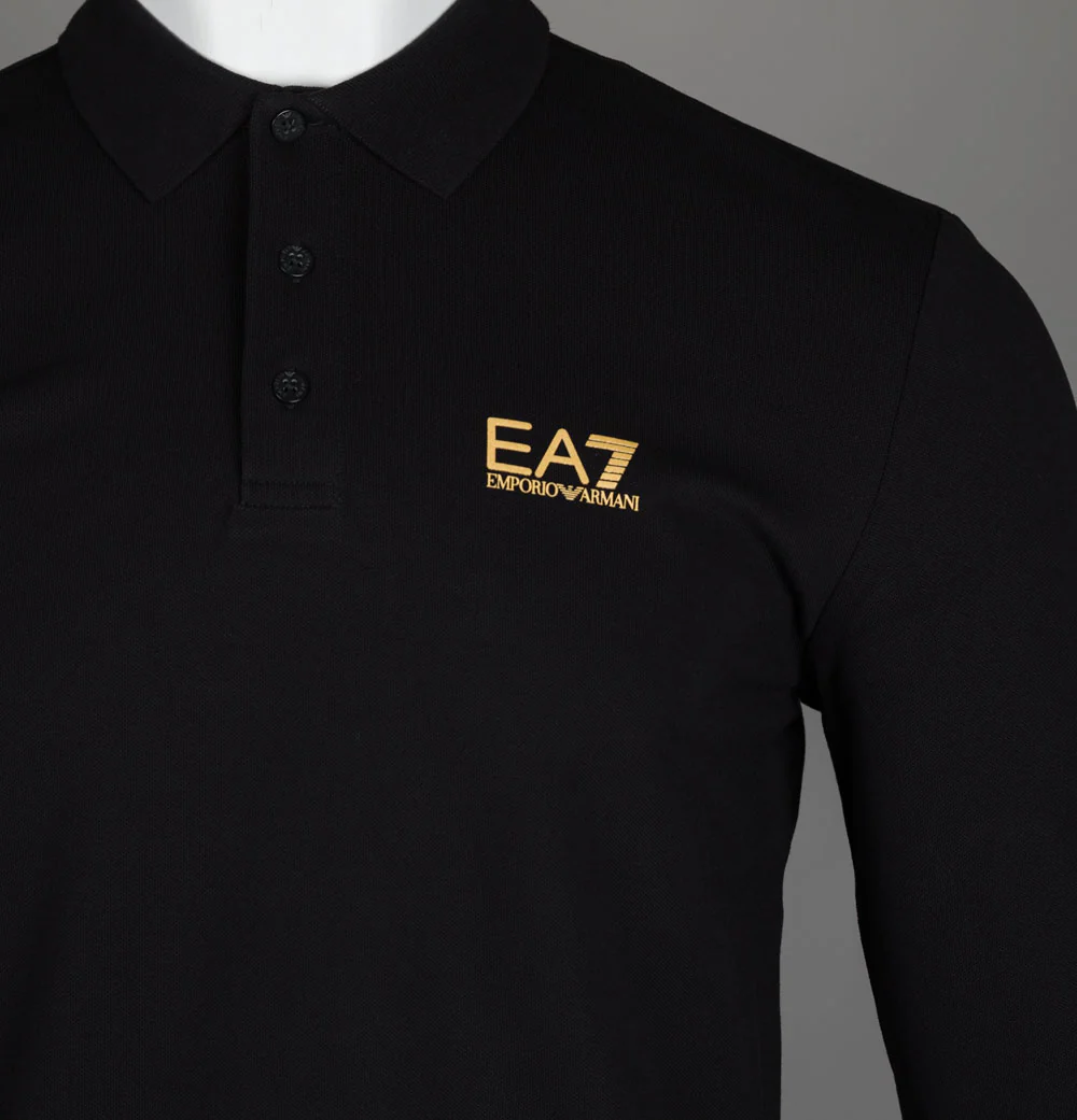 EA7 Core Identity Stretch Cotton LS Pique Polo Shirt Black/Gold - Image 3