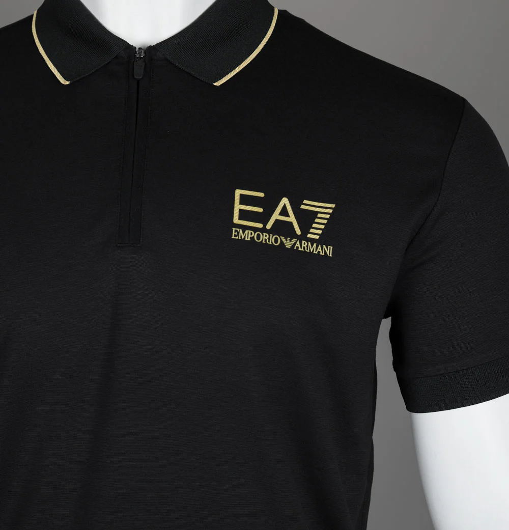EA7 Gold Label Viscose Blend 1/4 Zip Polo Shirt Black/Gold - Image 3