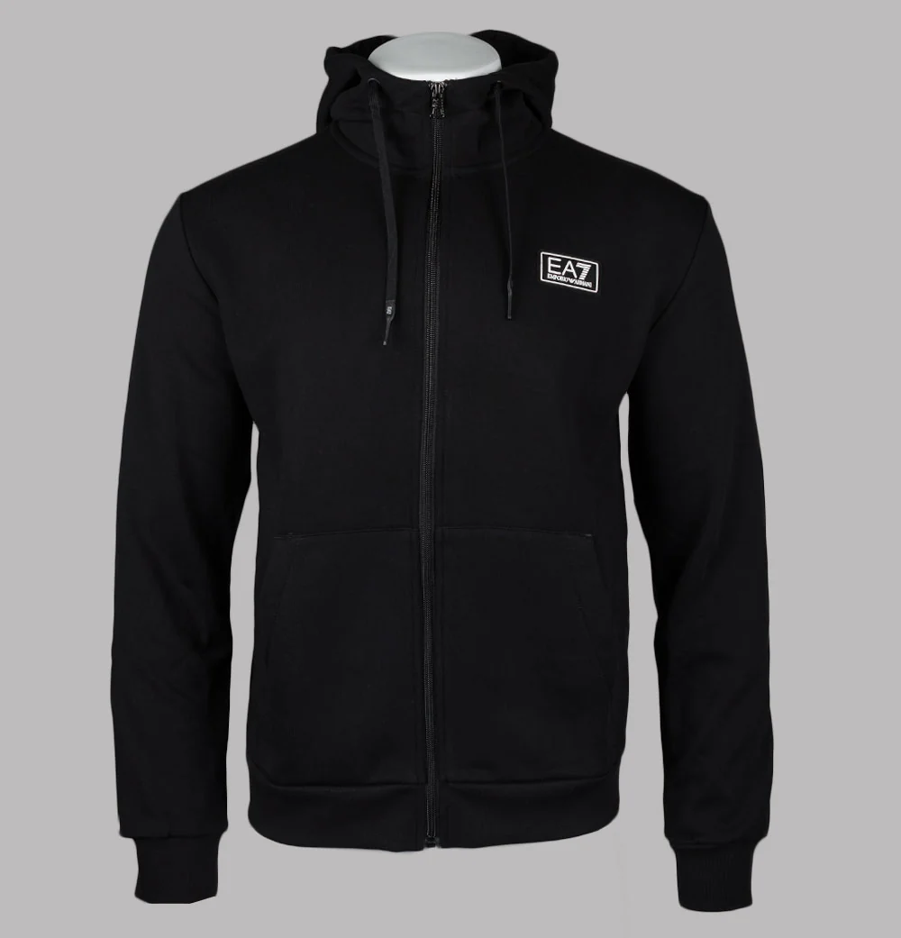EA7 Logo Series Back Taping Full Zip Hooded Sweatshirt Black