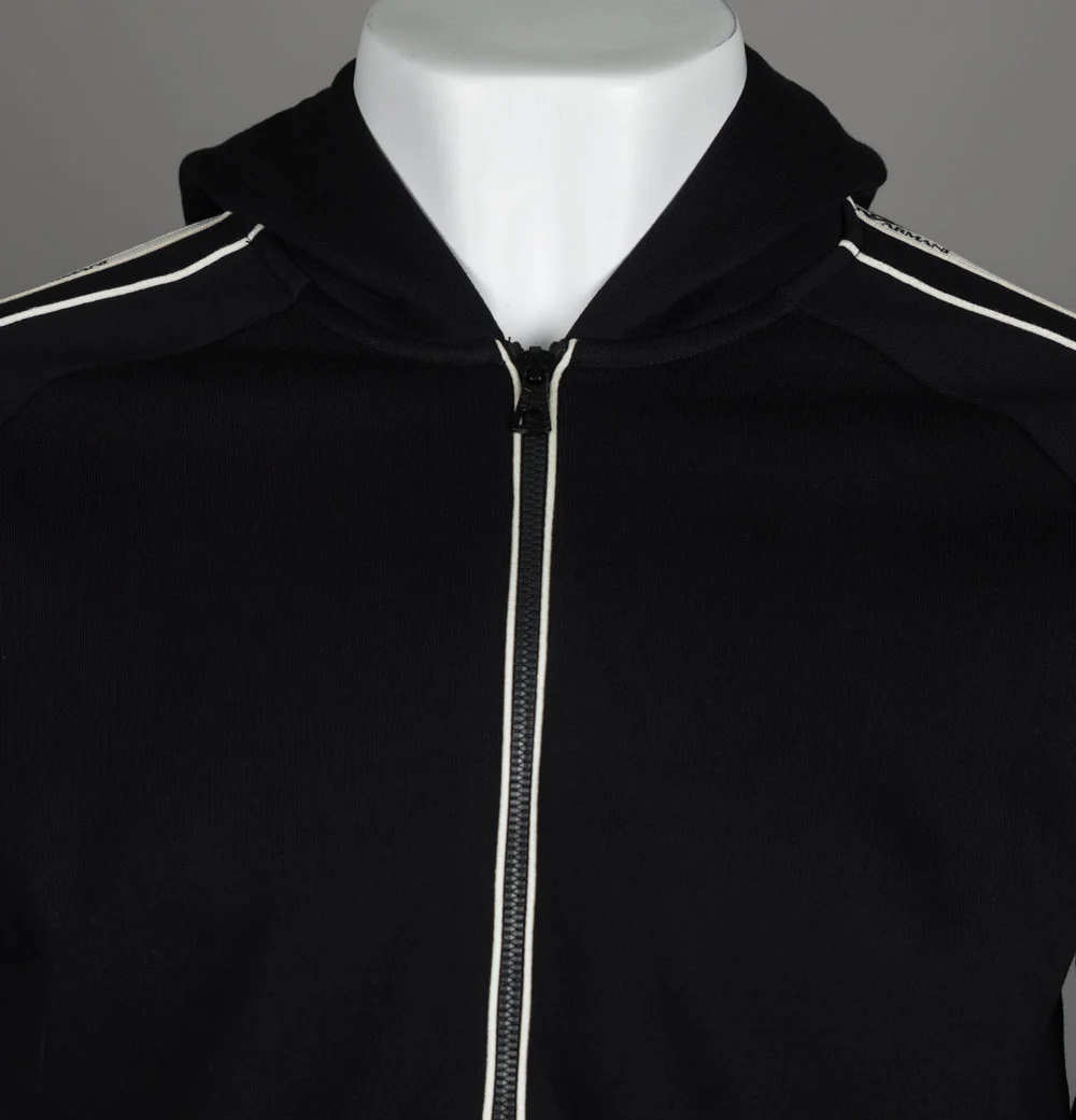 EA7 Logo Series Full Zip Cotton Blend Taping Hooded Sweatshirt Black - Image 3