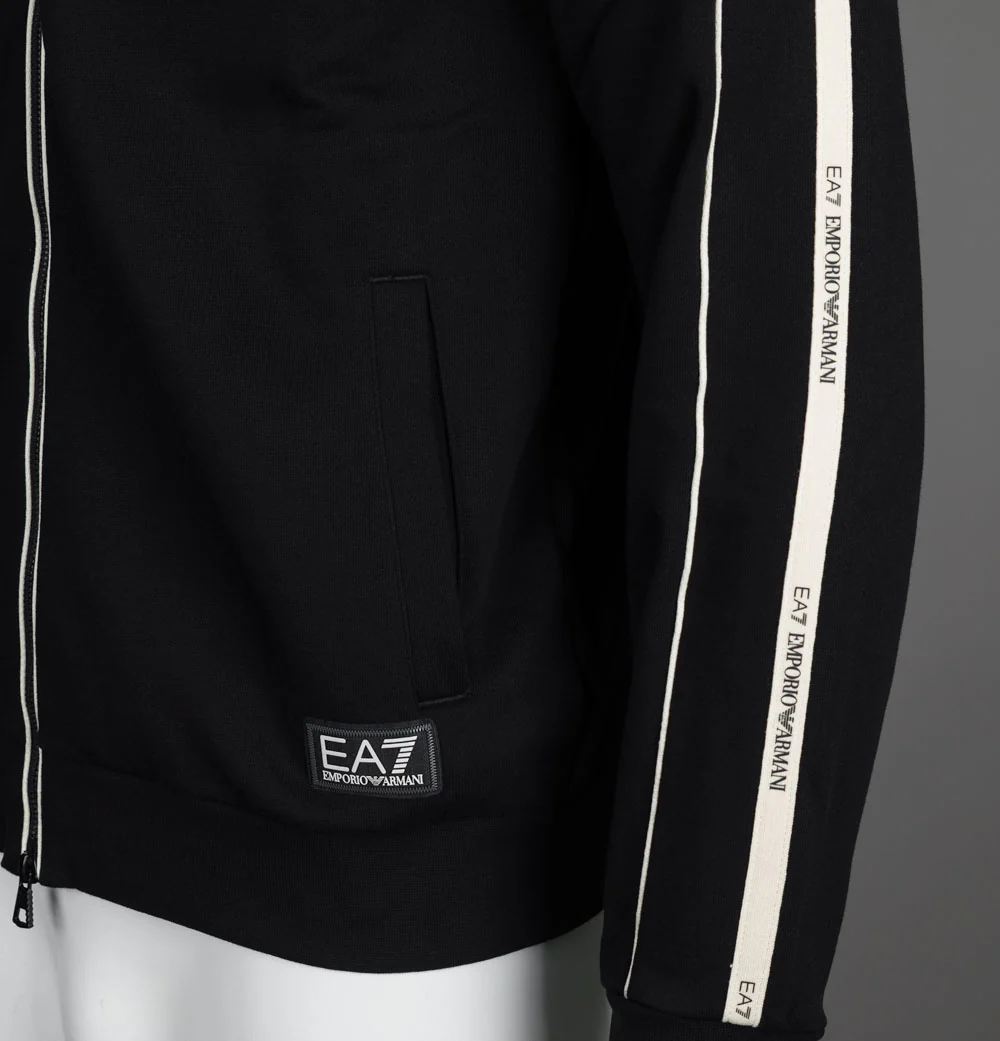 EA7 Logo Series Full Zip Cotton Blend Taping Hooded Sweatshirt Black - Image 4