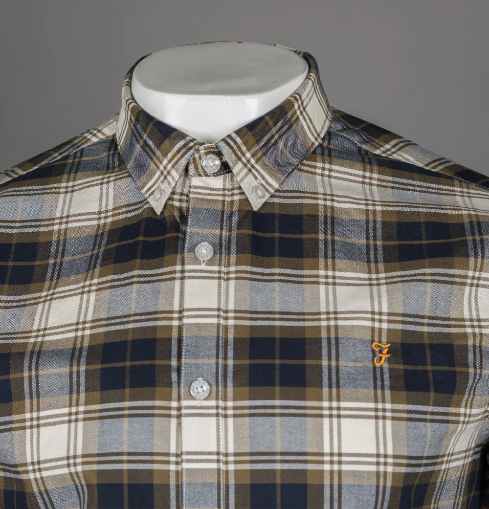 Farah Brewer Check Slim Fit Oxford Shirt Khaki - Image 3
