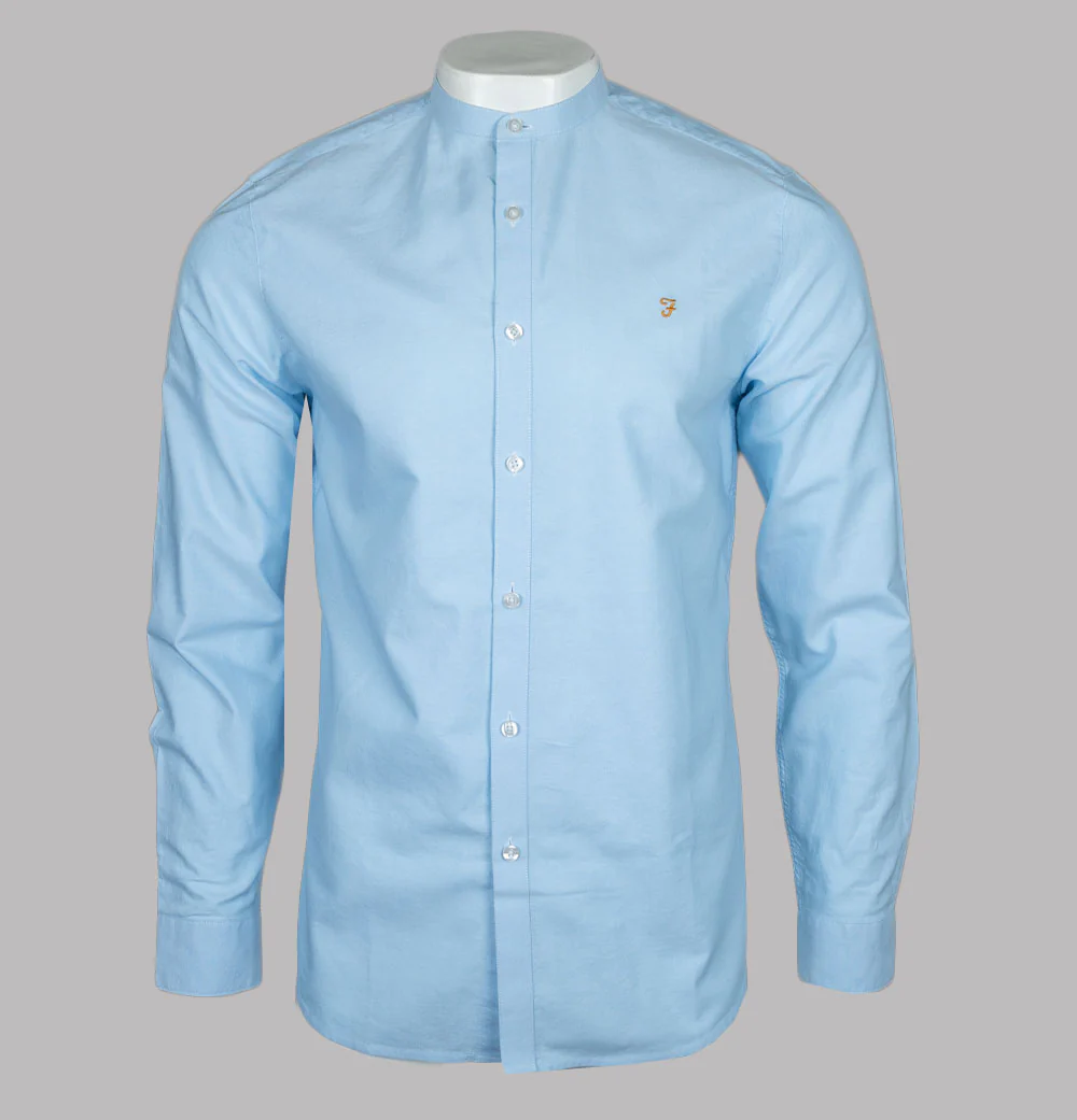 Farah Brewer Slim Fit Grandad Collar Shirt Sky Blue