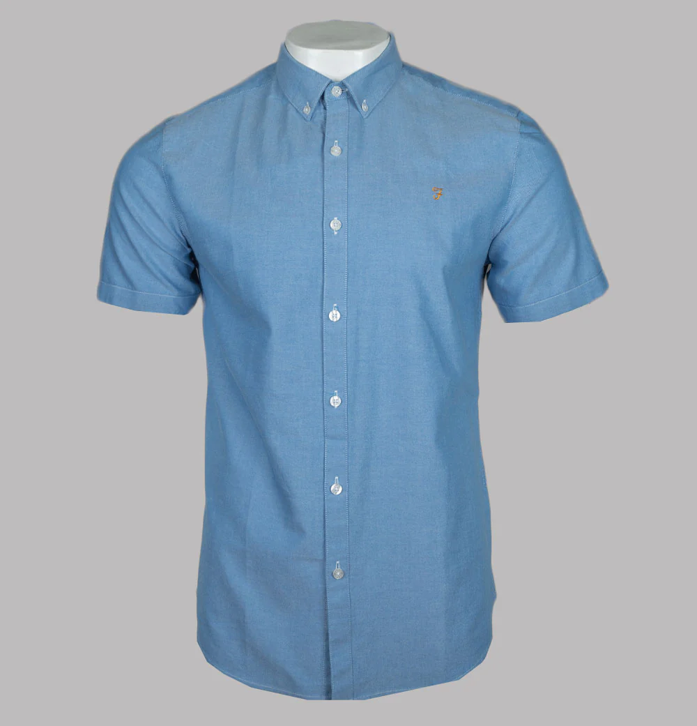 Farah Brewer Slim Fit S/S Oxford Shirt Mid Blue