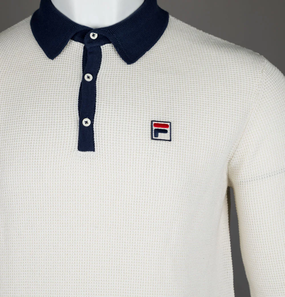 Fila Vintage Nowell Waffle Knitted LS Polo Shirt Gardenia/Fila Navy - Image 3