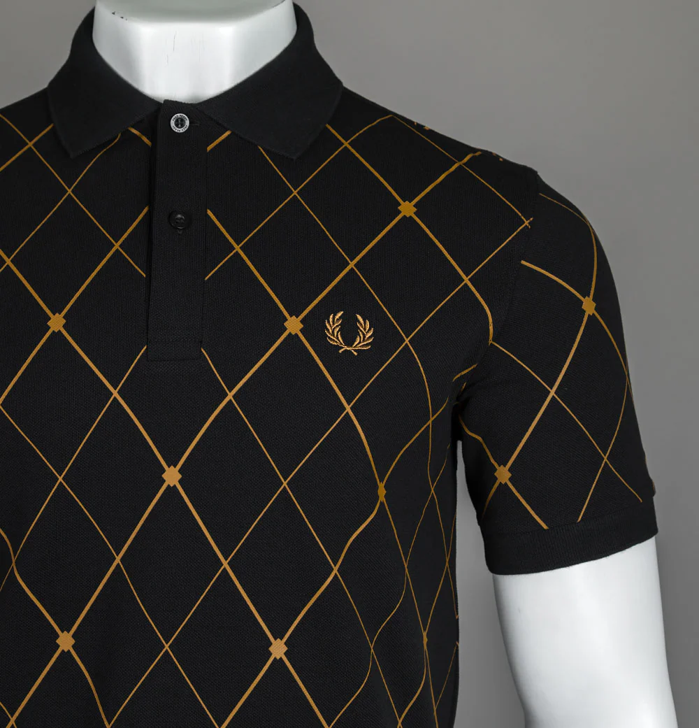Fred Perry Argyle Print Polo Shirt Black - Image 3