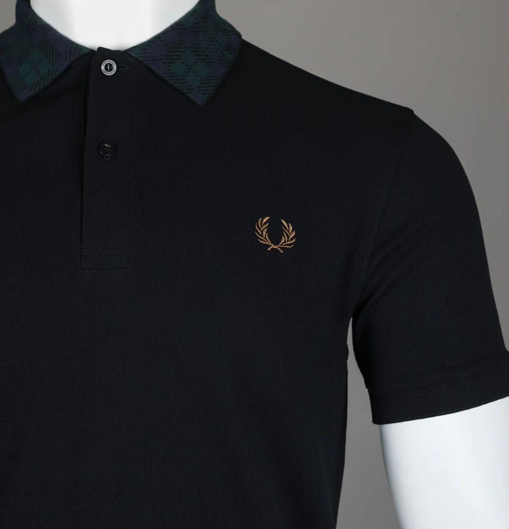 Fred Perry Black Watch Tartan Collar Polo Shirt Black - Image 3