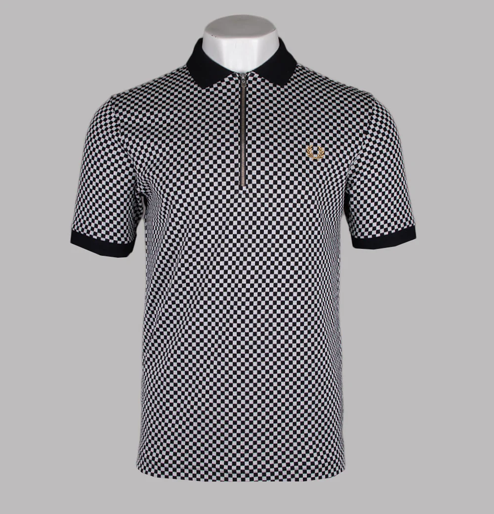 Fred Perry Chequerboard Zip Polo Shirt Black