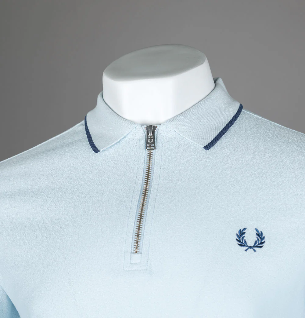Fred Perry Crepe Pique Zip Neck Polo Shirt Light Ice - Image 3