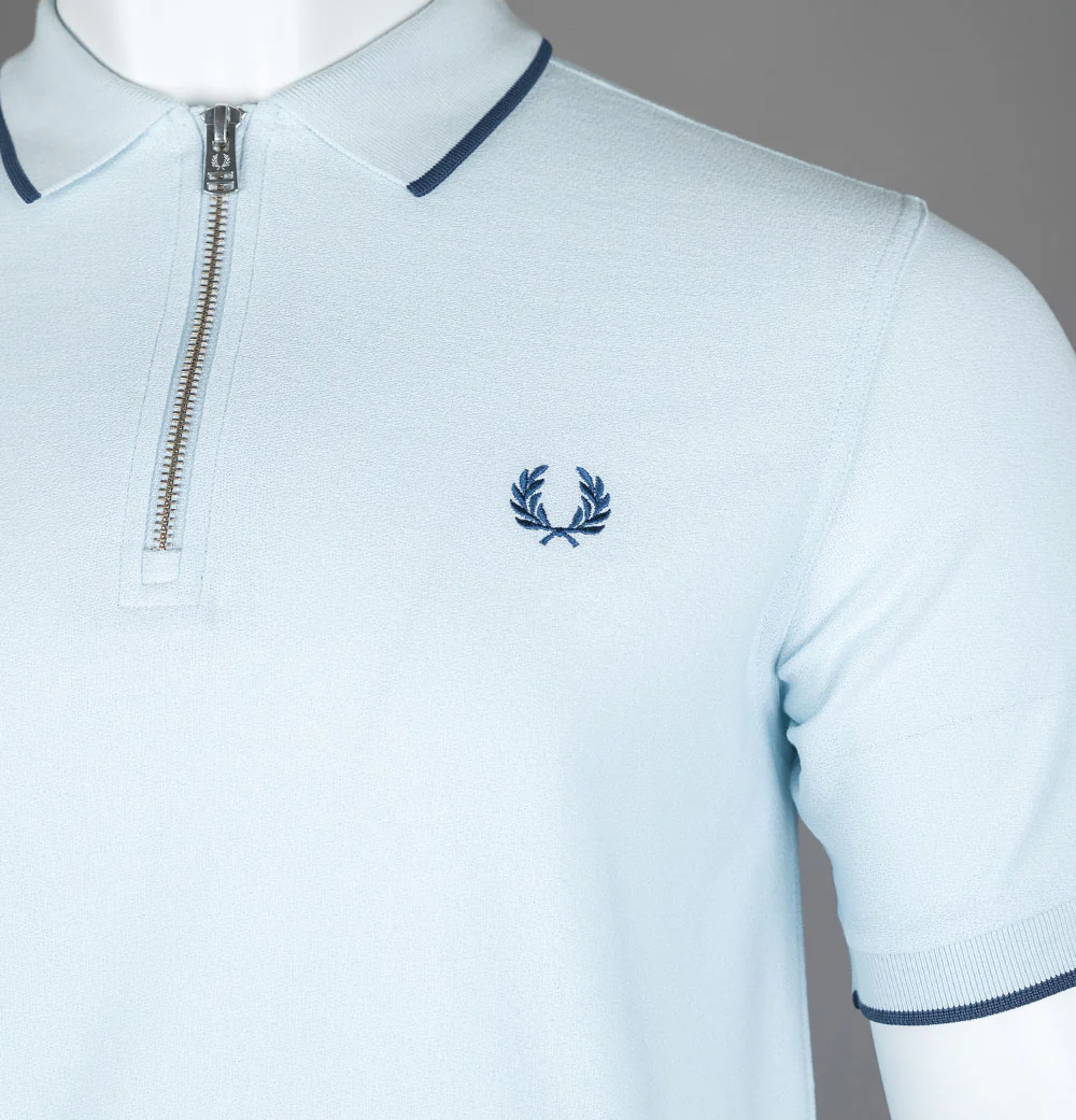 Fred Perry Crepe Pique Zip Neck Polo Shirt Light Ice - Image 4