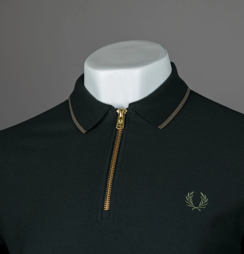 Fred Perry Crepe Pique Zip Neck Polo Shirt Night Green - Image 3