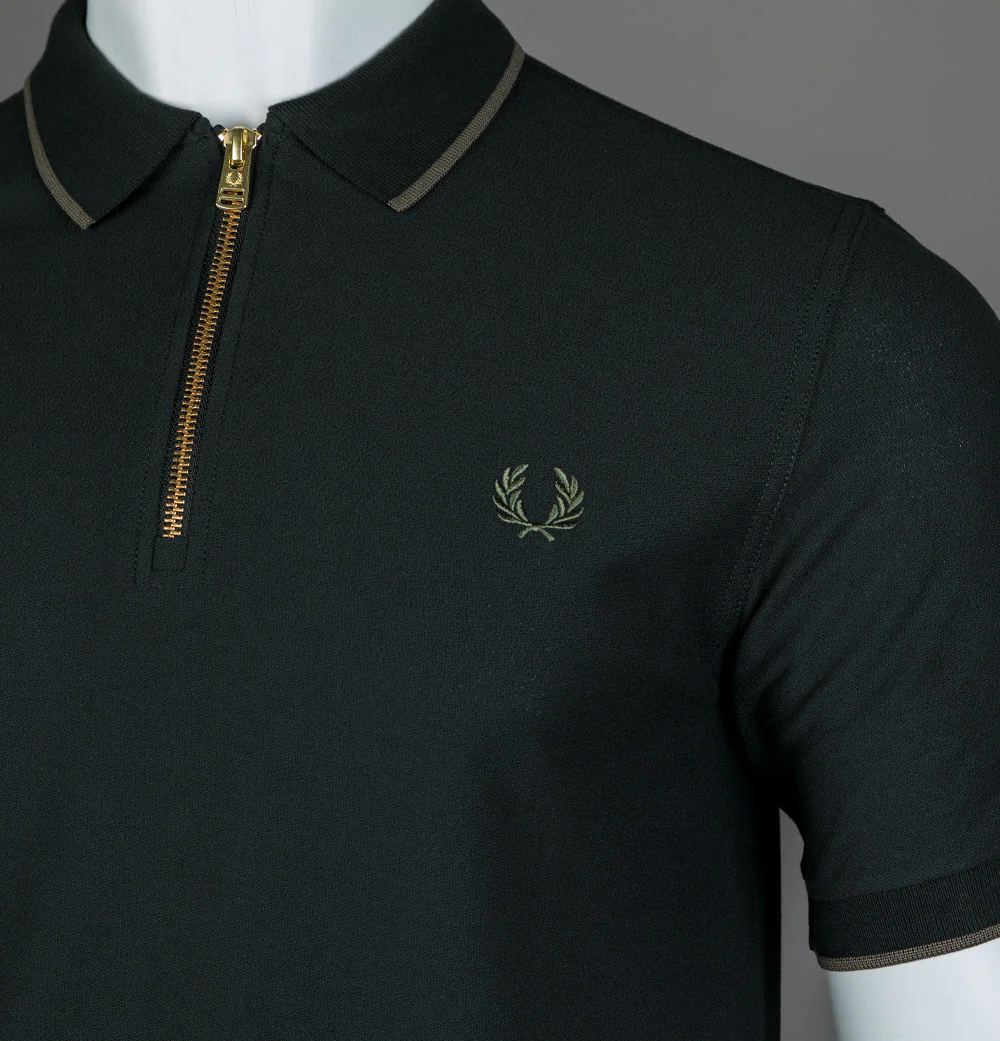 Fred Perry Crepe Pique Zip Neck Polo Shirt Night Green - Image 4