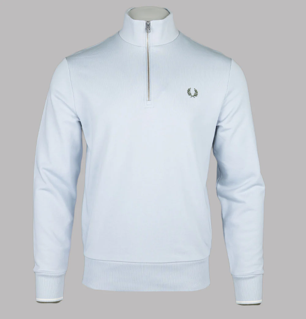 Fred Perry Half Zip Sweatshirt Dusky Blue/Ecru/Laurel Wreath Green