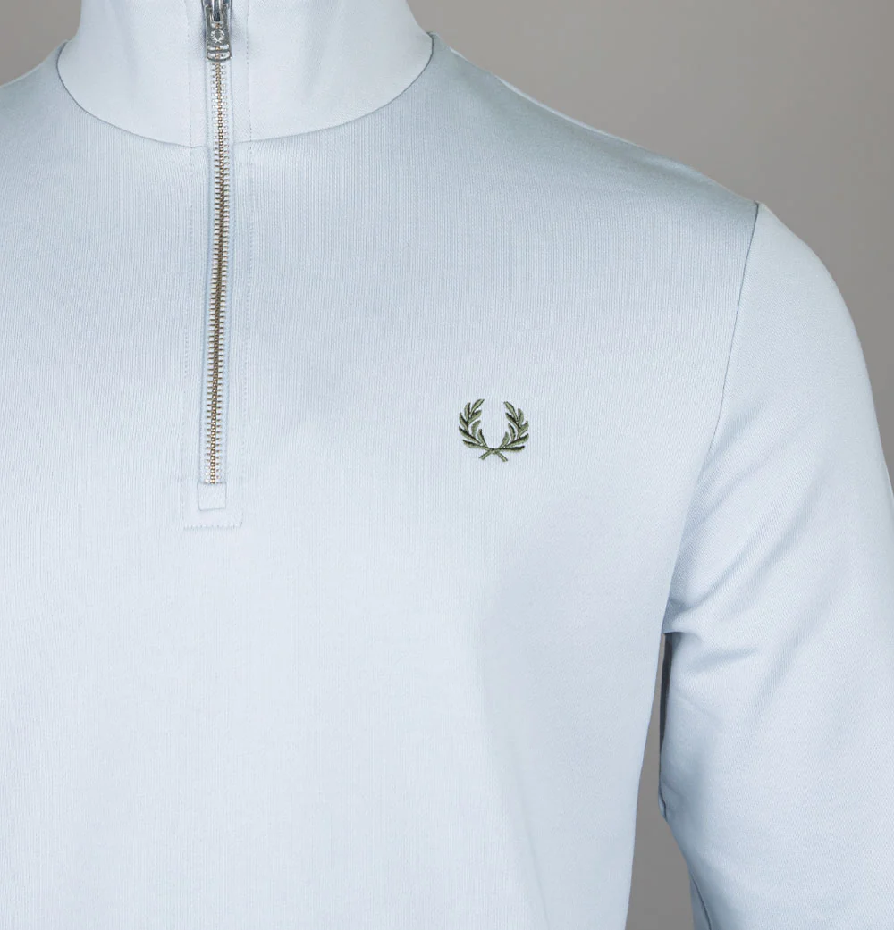 Fred Perry Half Zip Sweatshirt Dusky Blue/Ecru/Laurel Wreath Green - Image 3