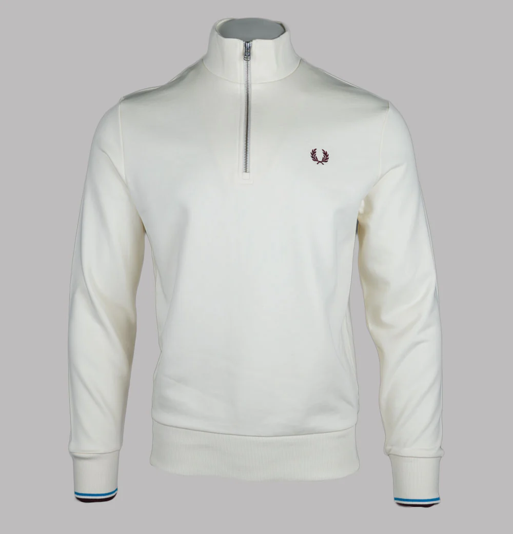 Fred Perry Half Zip Sweatshirt Ecru/Court Blue/Oxblood