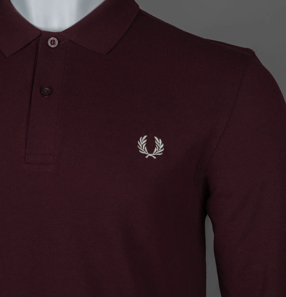 Fred Perry LS Plain Polo Shirt Oxblood - Image 4