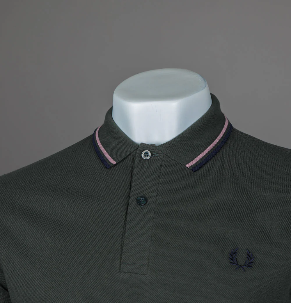Fred Perry LS Twin Tipped Polo Shirt Field Green/Dark Pink/Navy - Image 3