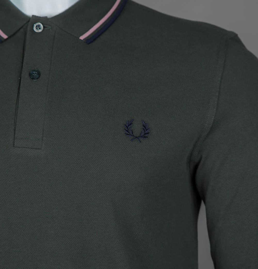 Fred Perry LS Twin Tipped Polo Shirt Field Green/Dark Pink/Navy - Image 4