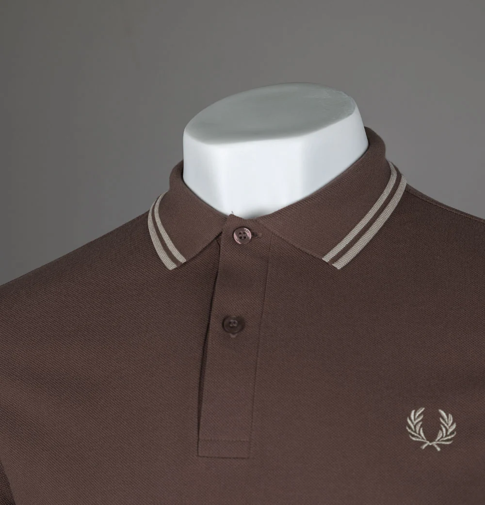 Fred Perry LS Twin Tipped Polo Shirt Brick/Warm Grey - Image 3