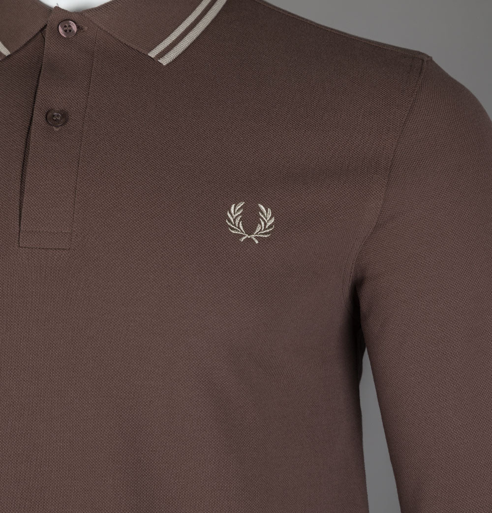 Fred Perry LS Twin Tipped Polo Shirt Brick/Warm Grey - Image 4