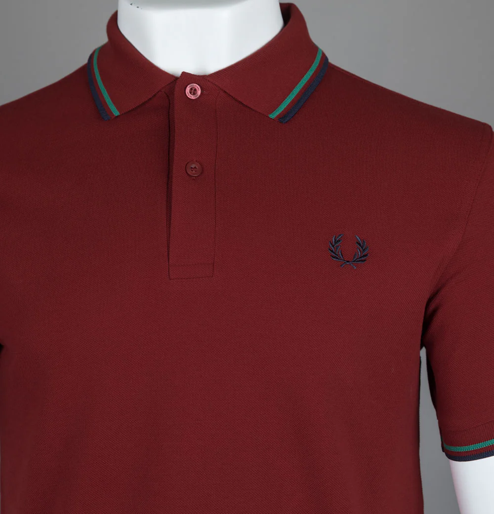 Fred Perry M3600 Polo Shirt Burnt Red/Sport Green/Navy - Image 3