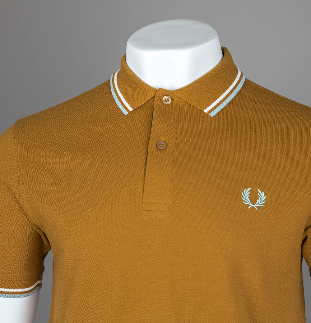 Fred Perry M3600 Polo Shirt Dark Caramel/Snow White/Silver Blue - Image 3