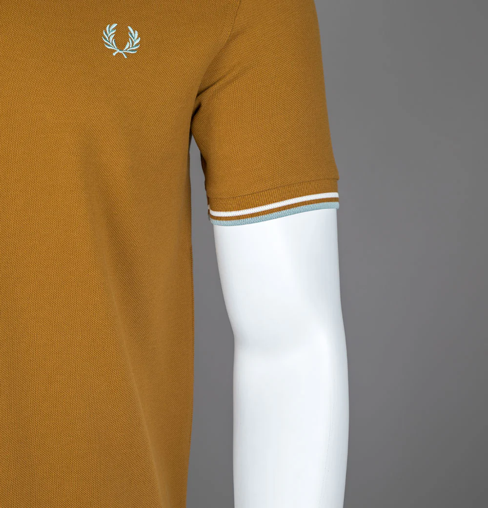 Fred Perry M3600 Polo Shirt Dark Caramel/Snow White/Silver Blue - Image 5