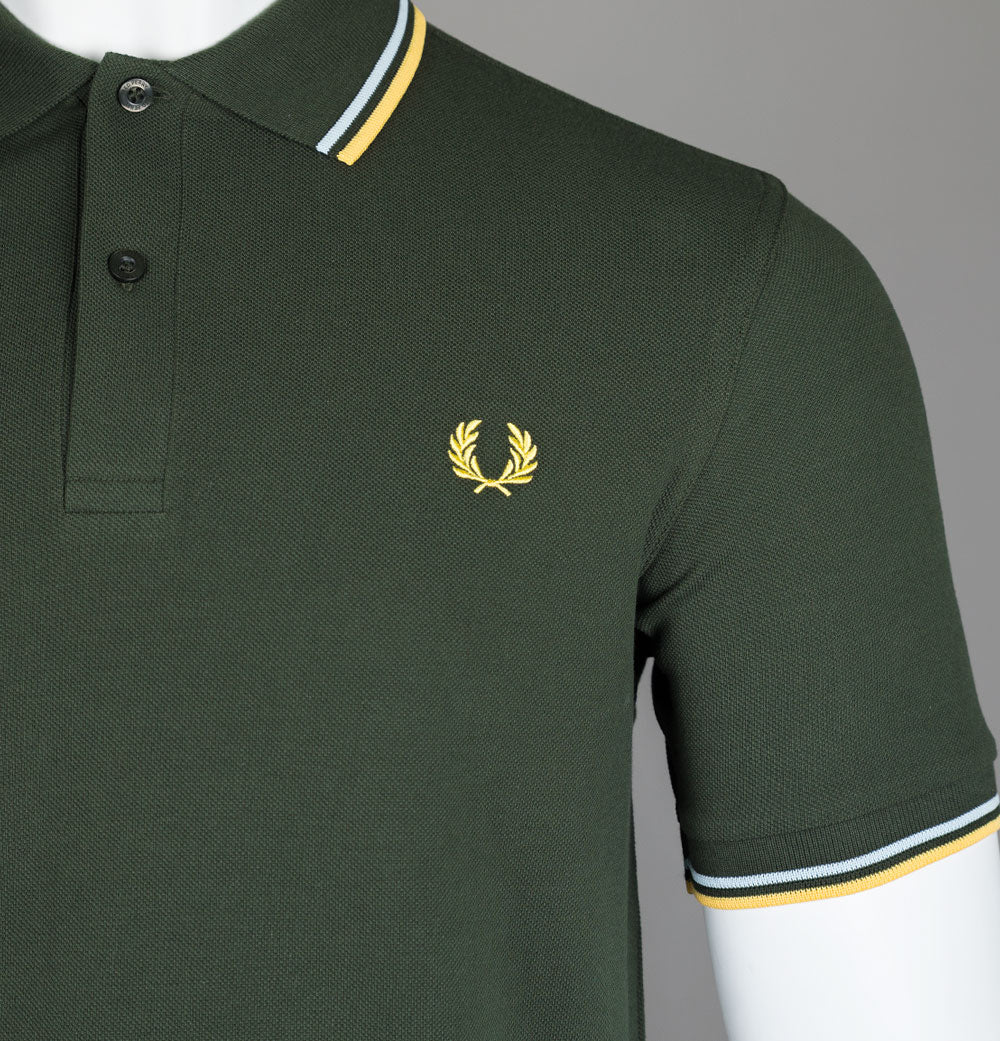 Fred Perry M3600 Polo Shirt Hunting Green/Light Ice/Lemon Barley - Image 3
