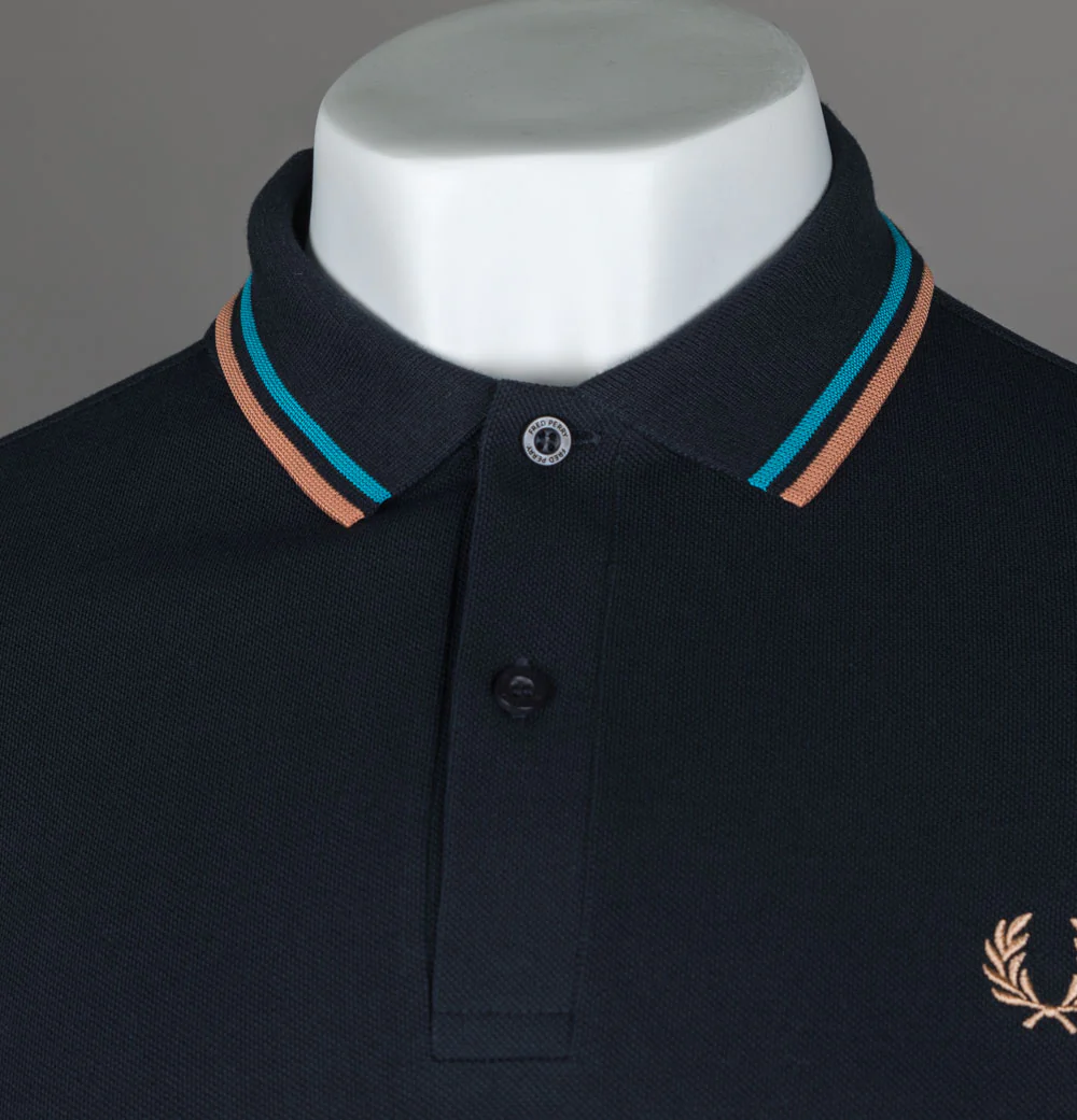 Fred Perry M3600 Polo Shirt Navy/Cyber Blue/Light Rust - Image 3