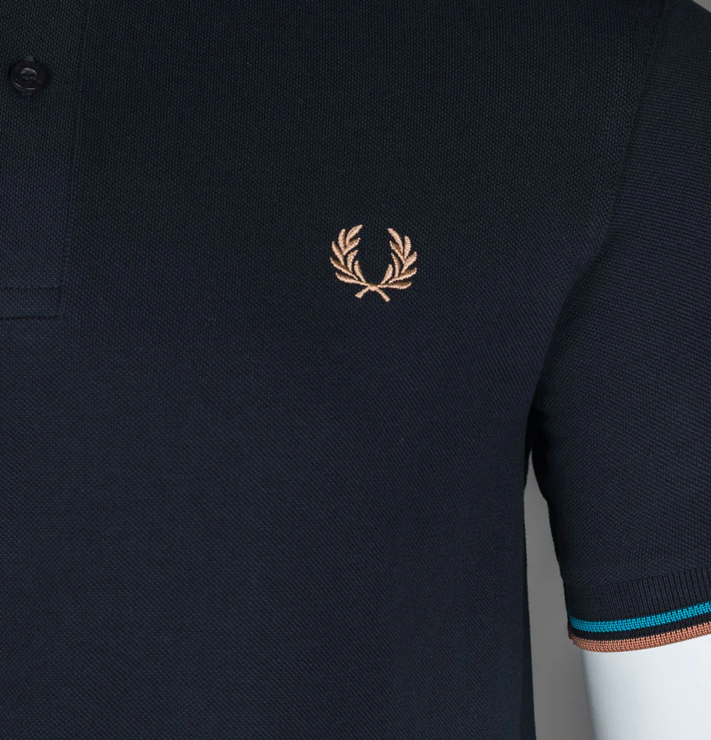 Fred Perry M3600 Polo Shirt Navy/Cyber Blue/Light Rust - Image 4