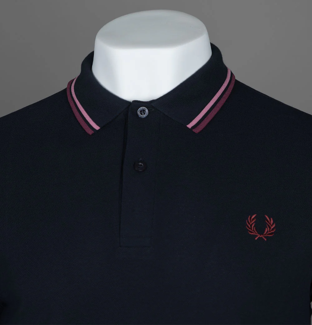 Fred Perry M3600 Polo Shirt Navy/Dusty Rose Pink/Oxblood - Image 3