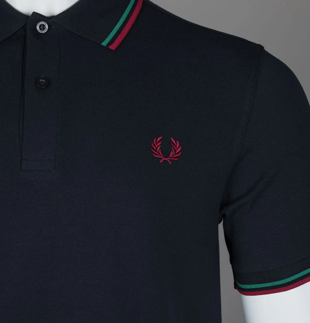 Fred Perry M3600 Polo Shirt Navy/Sport Green/Burnt Red - Image 3