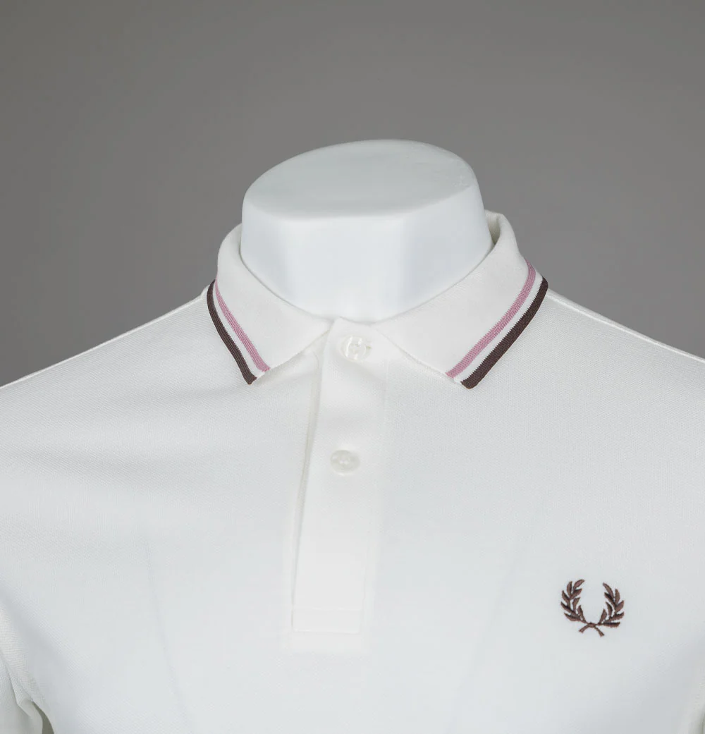 Fred Perry M3600 Polo Shirt Snow White/Deep Pink/Burnt Tobacco - Image 3