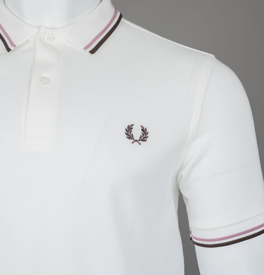Fred Perry M3600 Polo Shirt Snow White/Deep Pink/Burnt Tobacco - Image 4