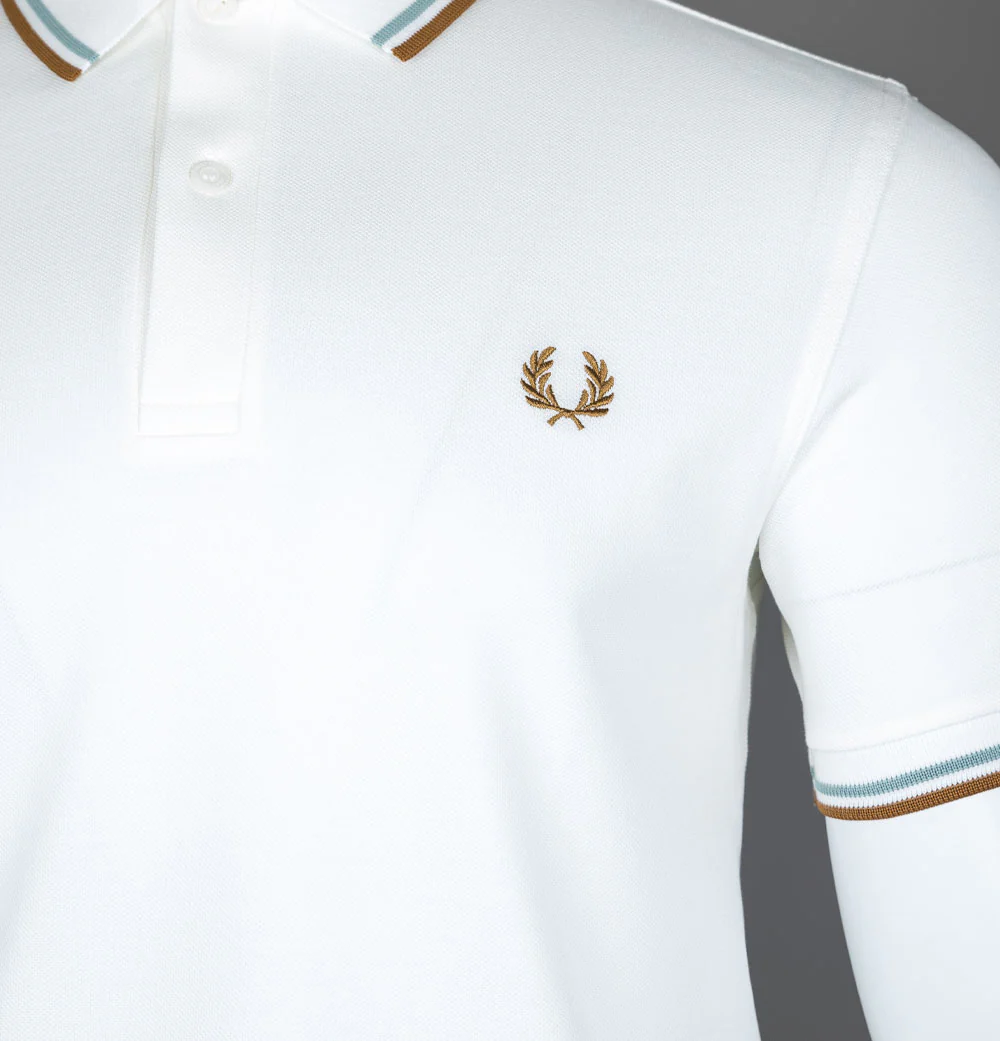 Fred Perry M3600 Polo Shirt Snow White/Silver Blue/Dark Caramel - Image 4