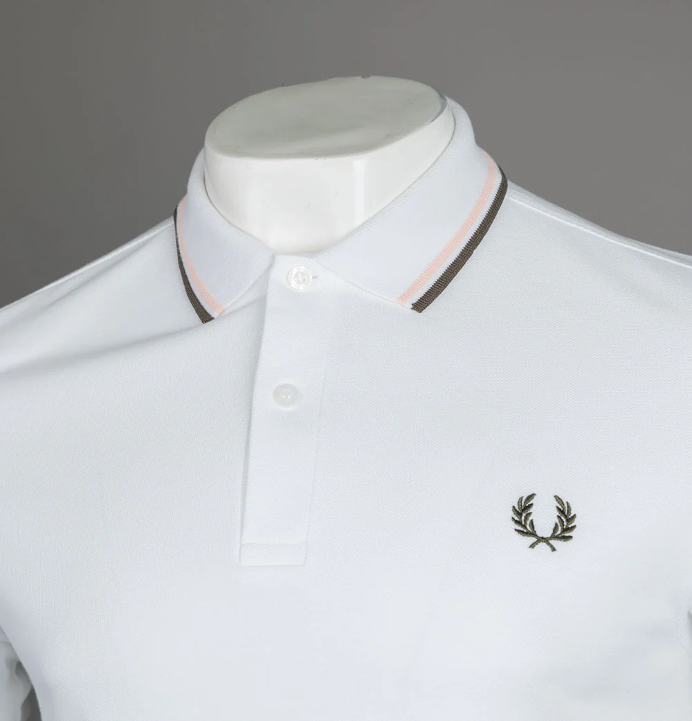 Fred Perry M3600 Polo Shirt White/Peach/Uniform Green - Image 3