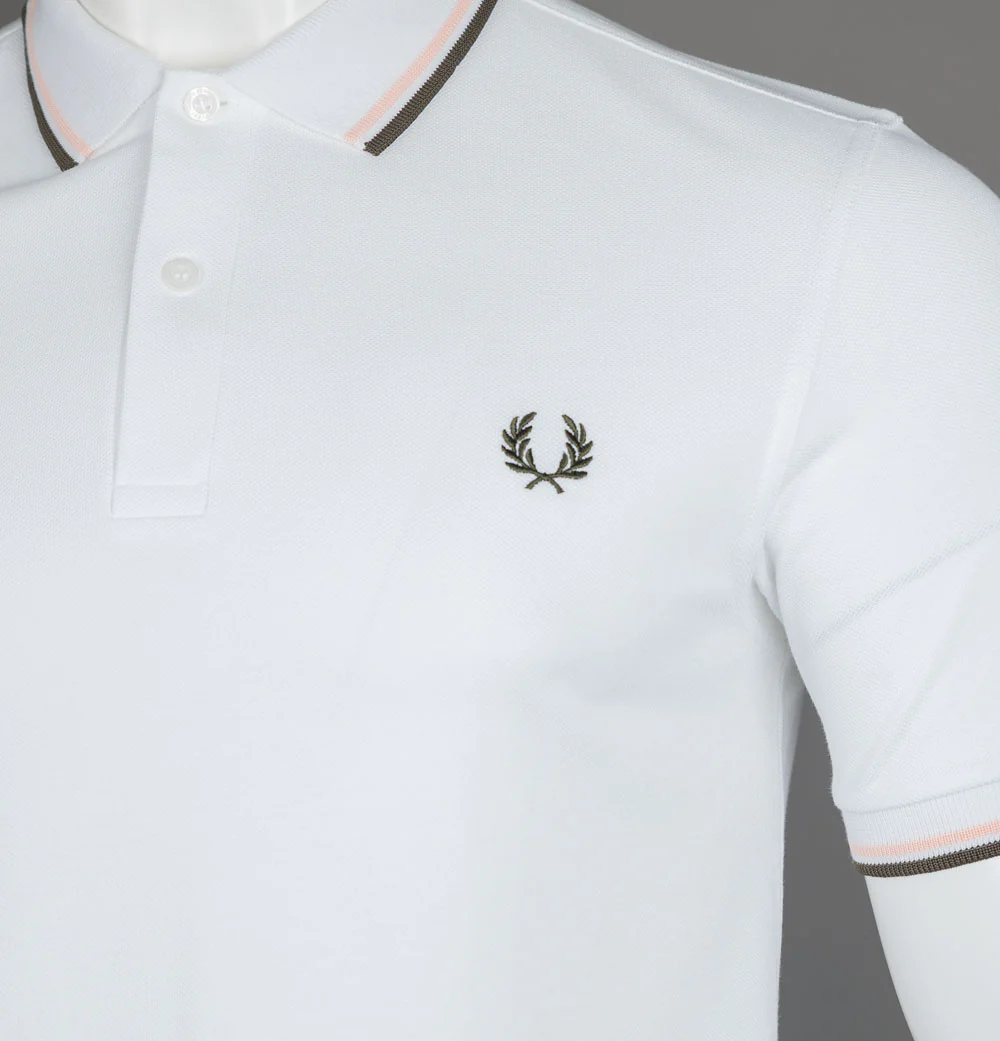 Fred Perry M3600 Polo Shirt White/Peach/Uniform Green - Image 4