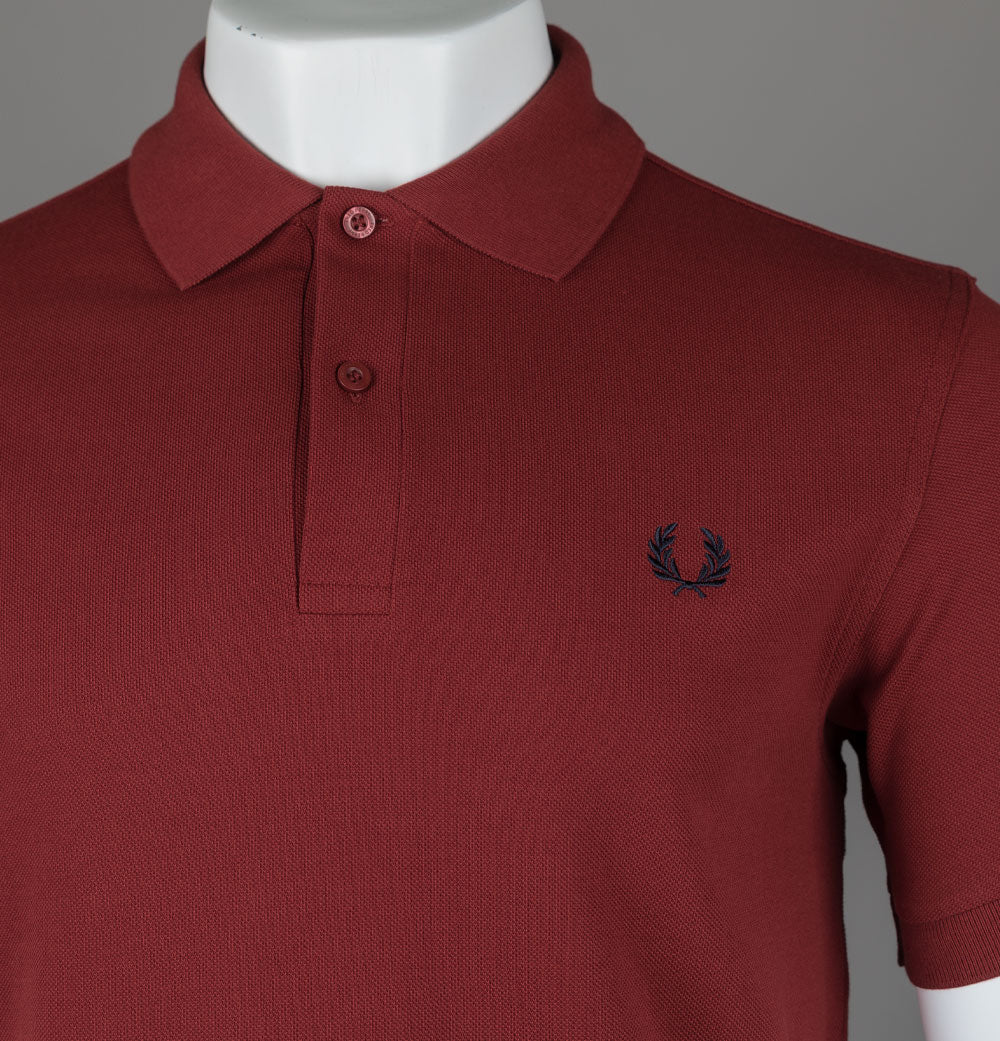 Fred Perry Plain Polo Shirt Burnt Red/Navy - Image 3