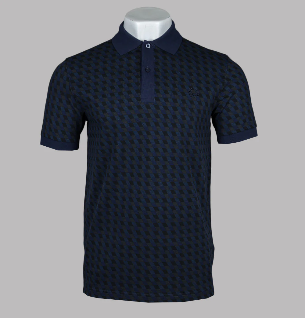 Fred Perry Slanted Geo Print Polo Shirt Twilight Navy