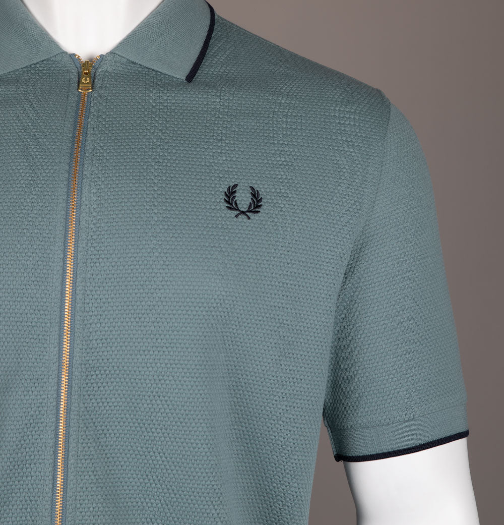 Fred Perry Textured Zip Through Polo Shirt Stockport Blue - Image 3