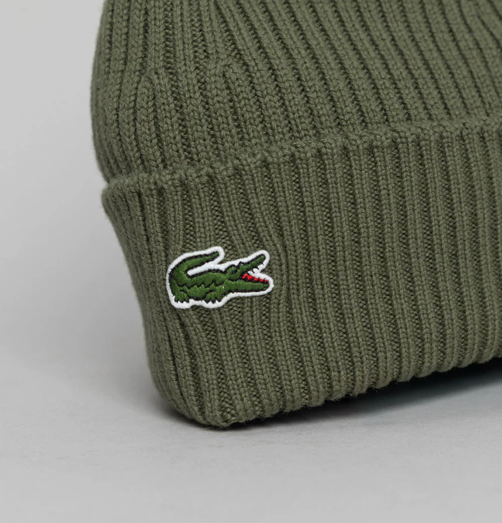 Lacoste Ribbed Wool Beanie Khaki Green - Image 3