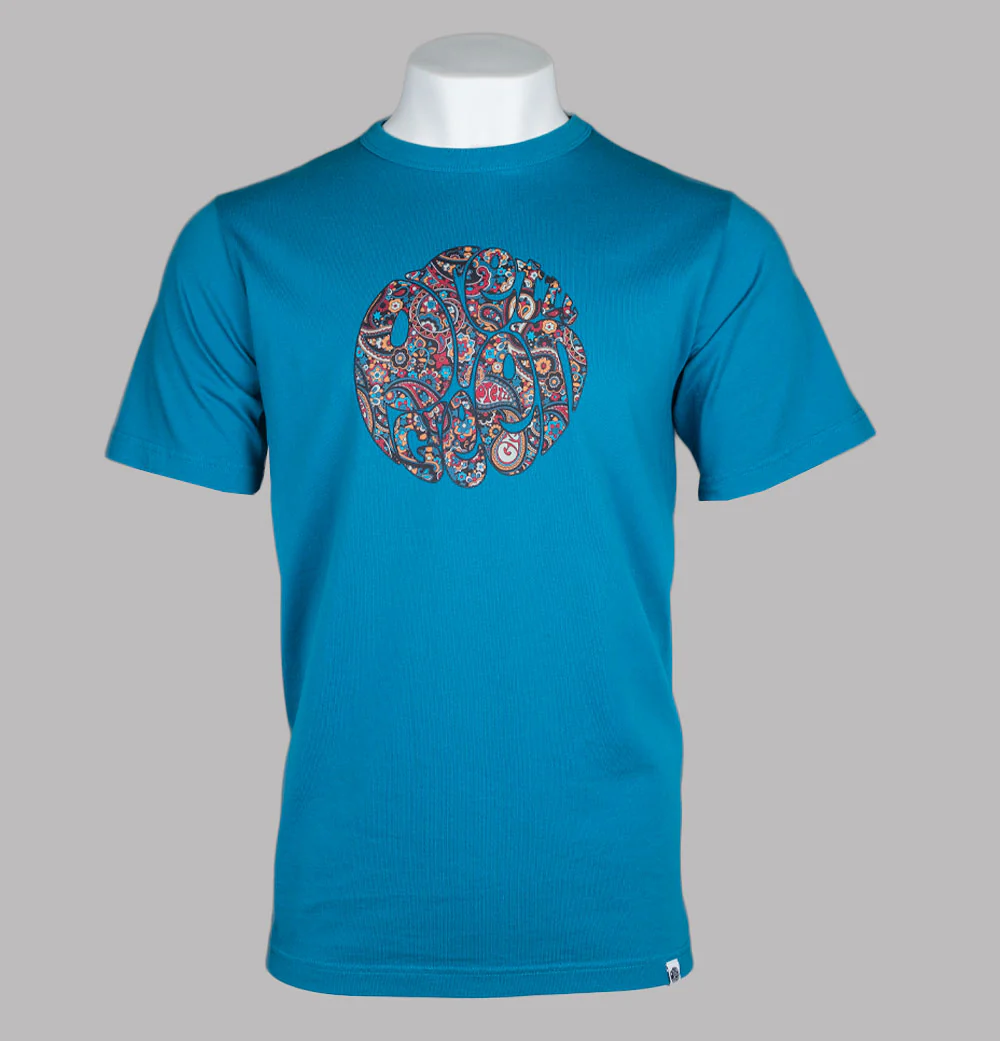 Pretty Green Wonderwall Paisley Print Logo T-Shirt Blue