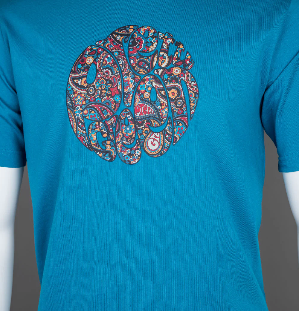 Pretty Green Wonderwall Paisley Print Logo T-Shirt Blue - Image 3