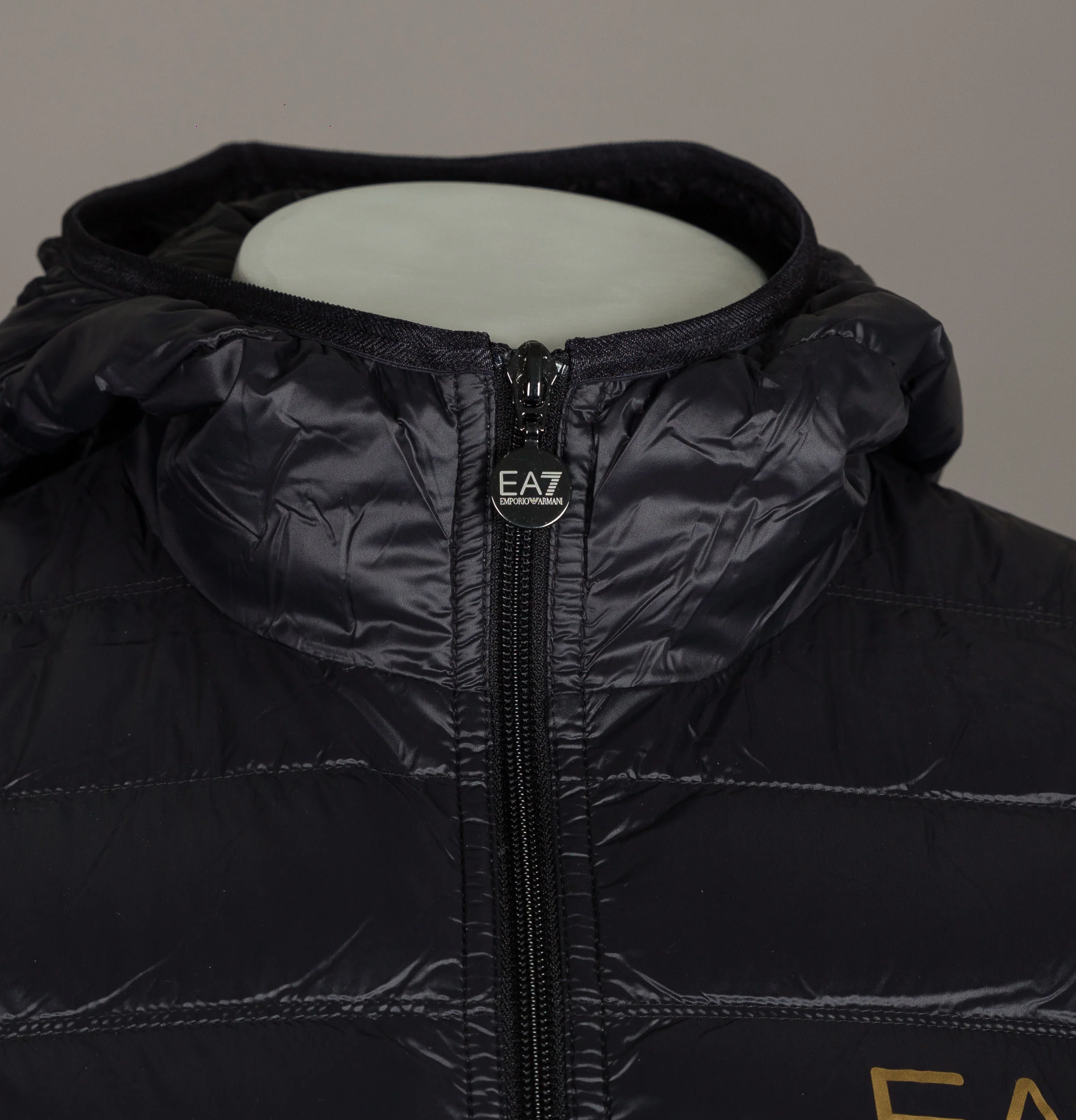 EA7 Quilted Down Hooded Jacket Black/Gold - Image 3